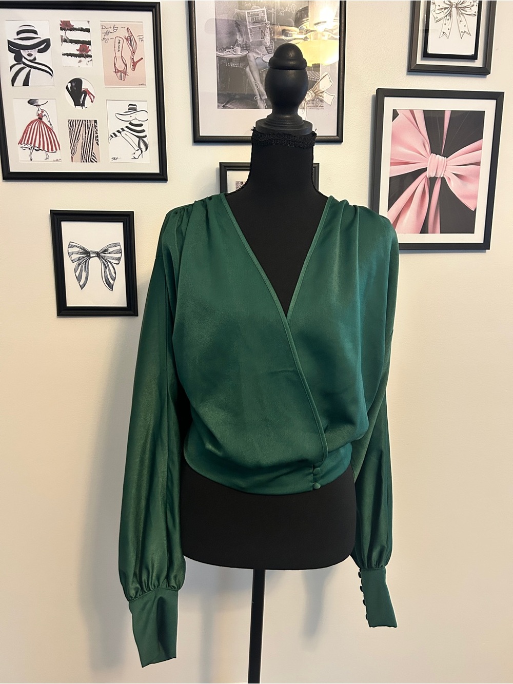 HYFVE Emerald Green Wrap Blouse with Blouson Sleeves